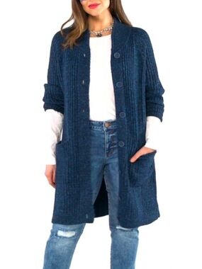 CAbi Longline Blue Marled Trail Cardigan Fall Winter Cozy Sweater